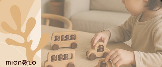 A child playing with wooden toy cars, a thoughtful gift from his grandparents, perfect for toddlers and kids who love safe, educational wooden toys.