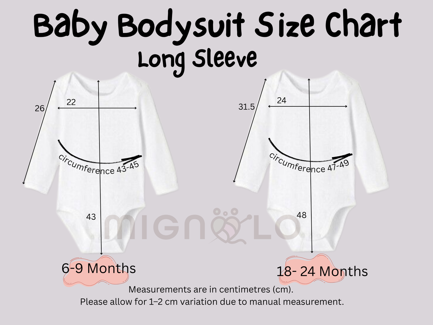 Baby bodysuit size chart with measurements for long-sleeve onesies on a light gray background.