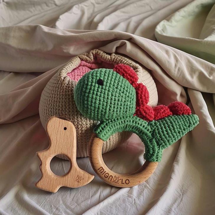 Handmade Crochet Dinosaur Rattle - Baby Wooden Teether Gift Set