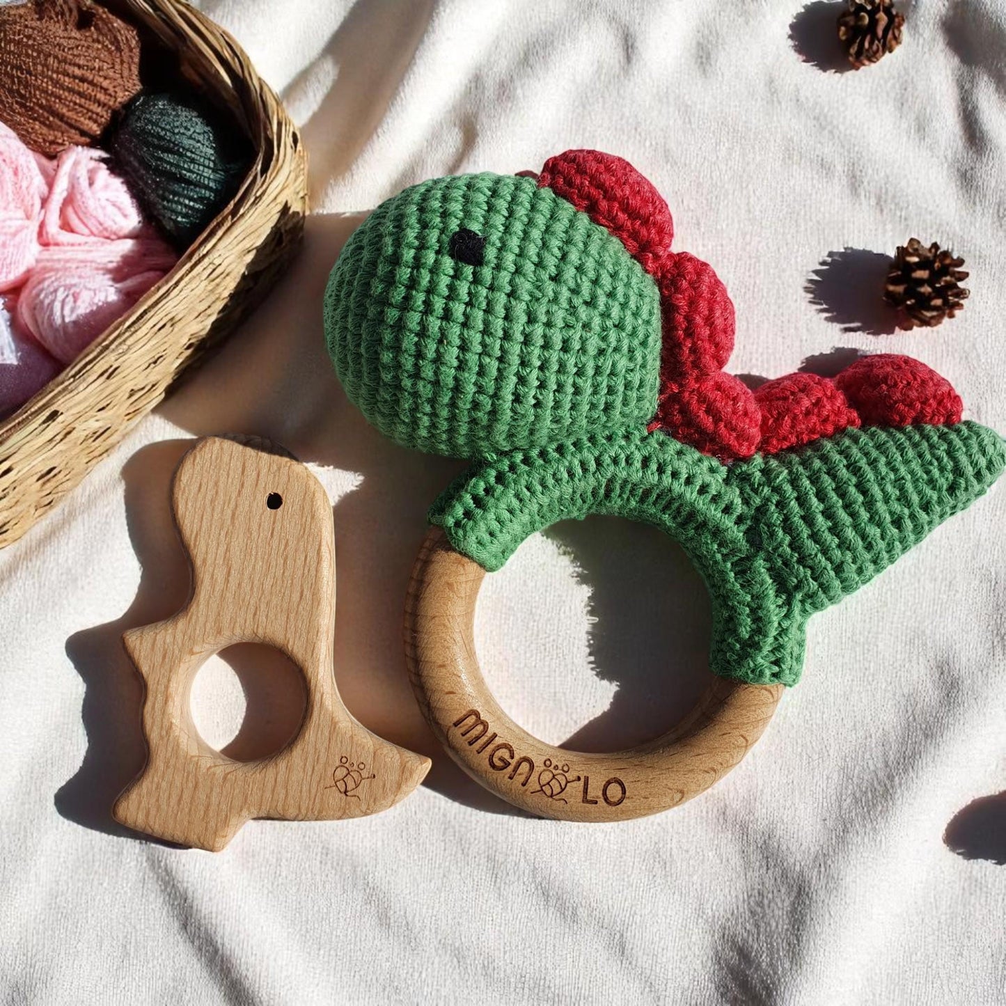 Handmade crochet dinosaur rattle with wooden teether for babies