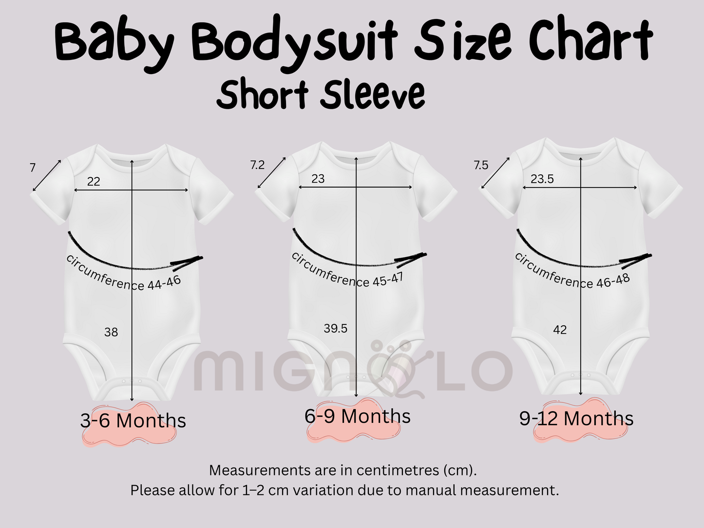 Baby bodysuit size chart with measurements for 3-6 months, 6-9 months, and 9-12 months on a light gray background.