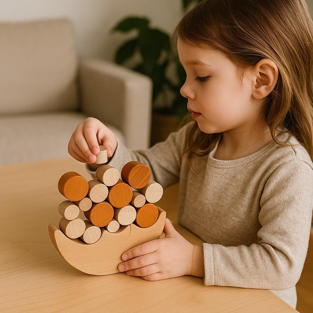 Toddler playing with Montessori wooden moon balancing toy – colorful stacking blocks for fine motor skill development, open-ended play, and a perfect birthday or holiday gift idea for 3-year-olds.
