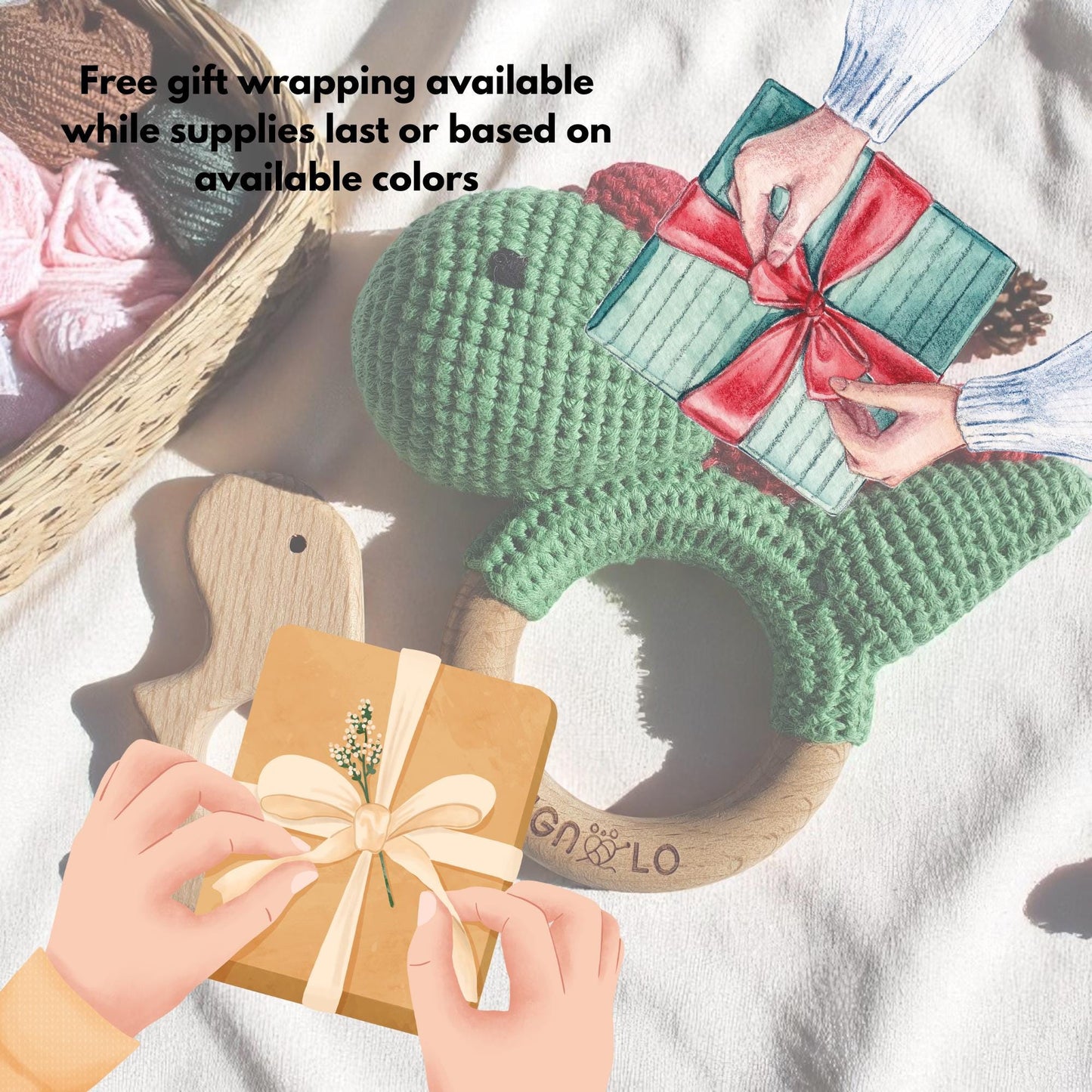 Handmade Crochet Dinosaur Rattle - Baby Wooden Teether Gift Set