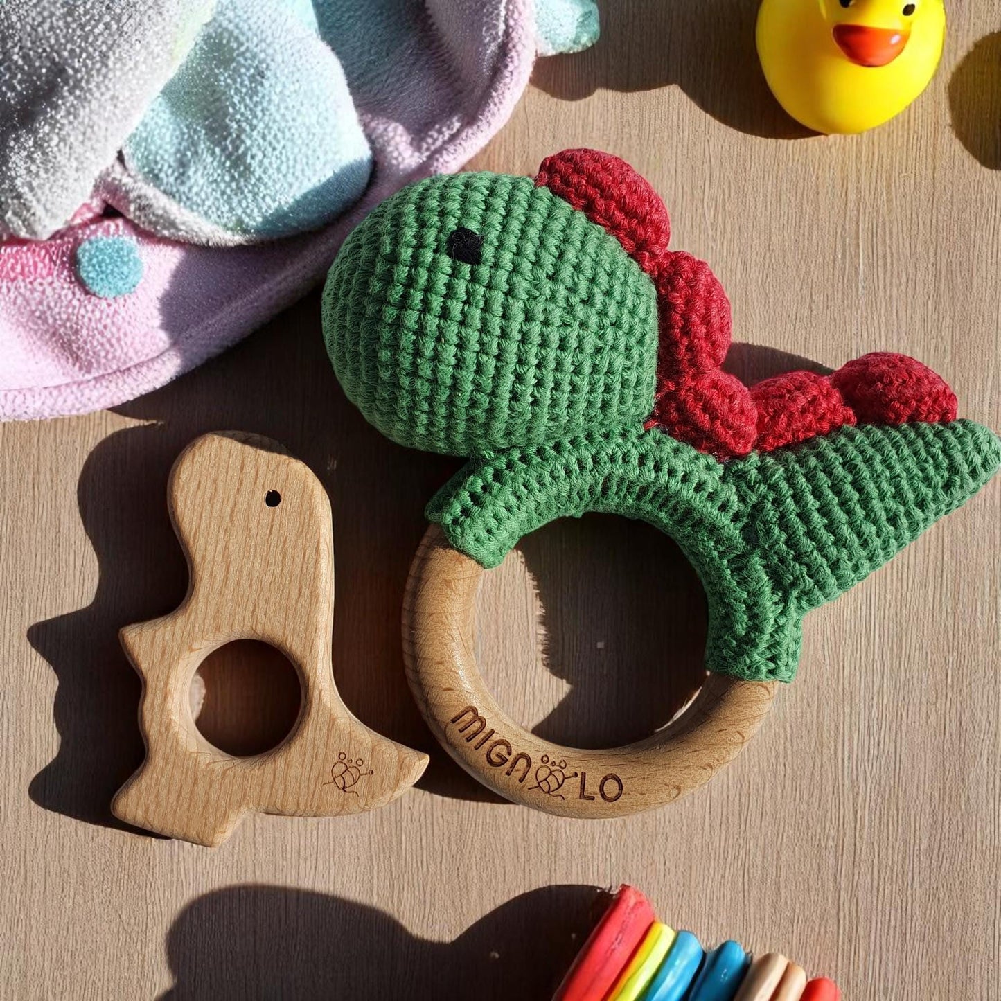 Handmade Crochet Dinosaur Rattle - Baby Wooden Teether Gift Set