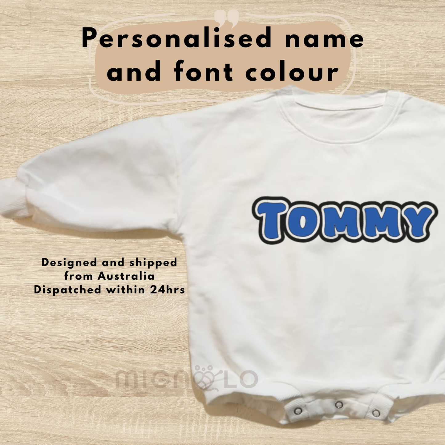Personalised Baby Outfit – Bodysuit, Romper and Jumper with Black Outline