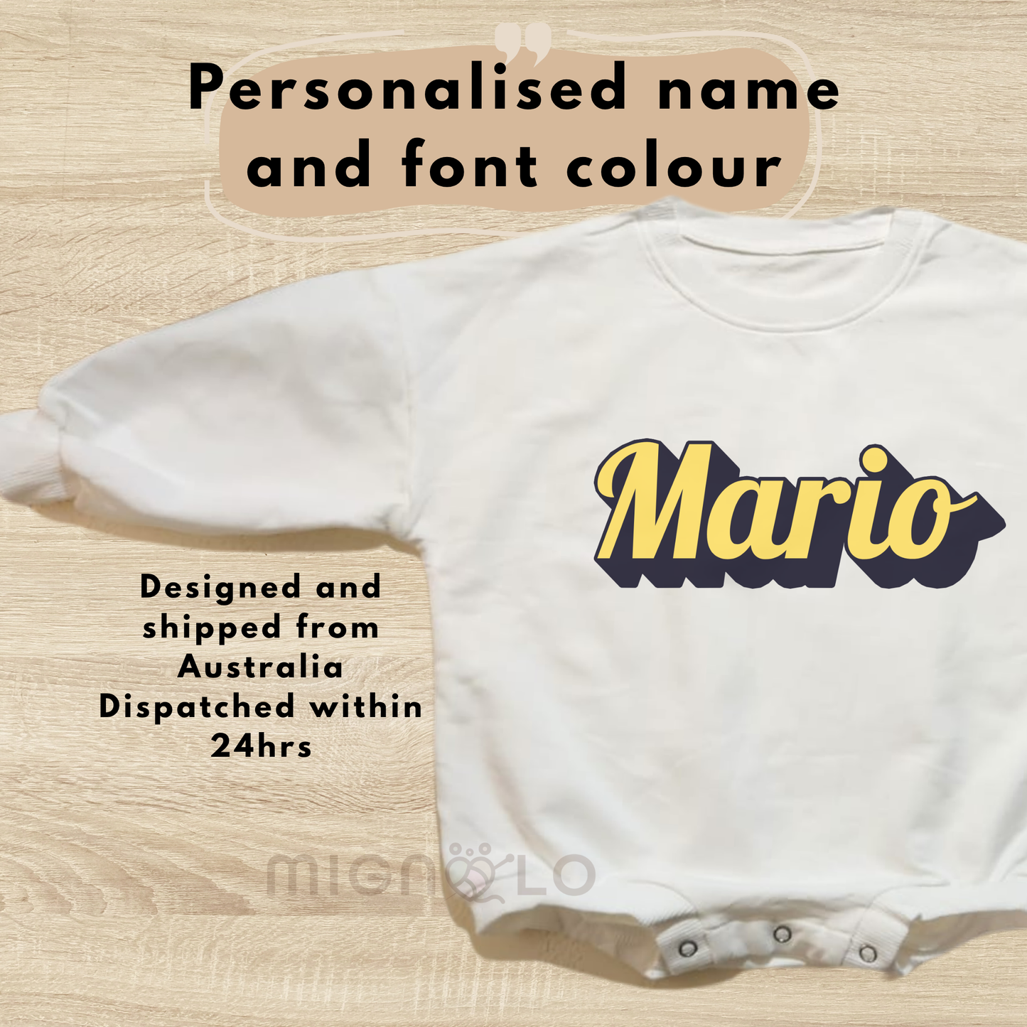 Personalised Baby Outfit – Bodysuit, Romper and Jumper with Bold Black Outline