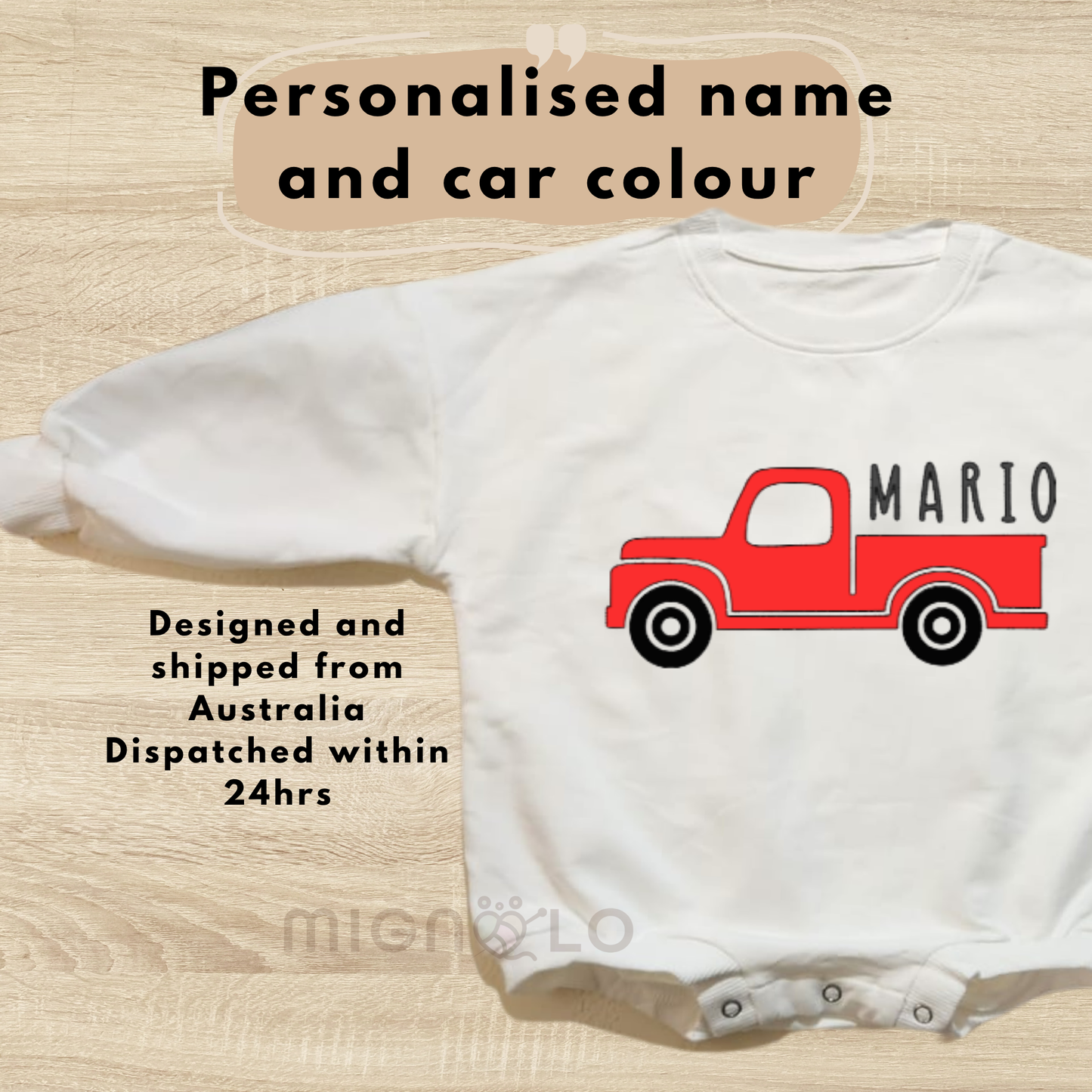 Personalised Baby Outfit – Bodysuit, Romper and Jumper Car Series