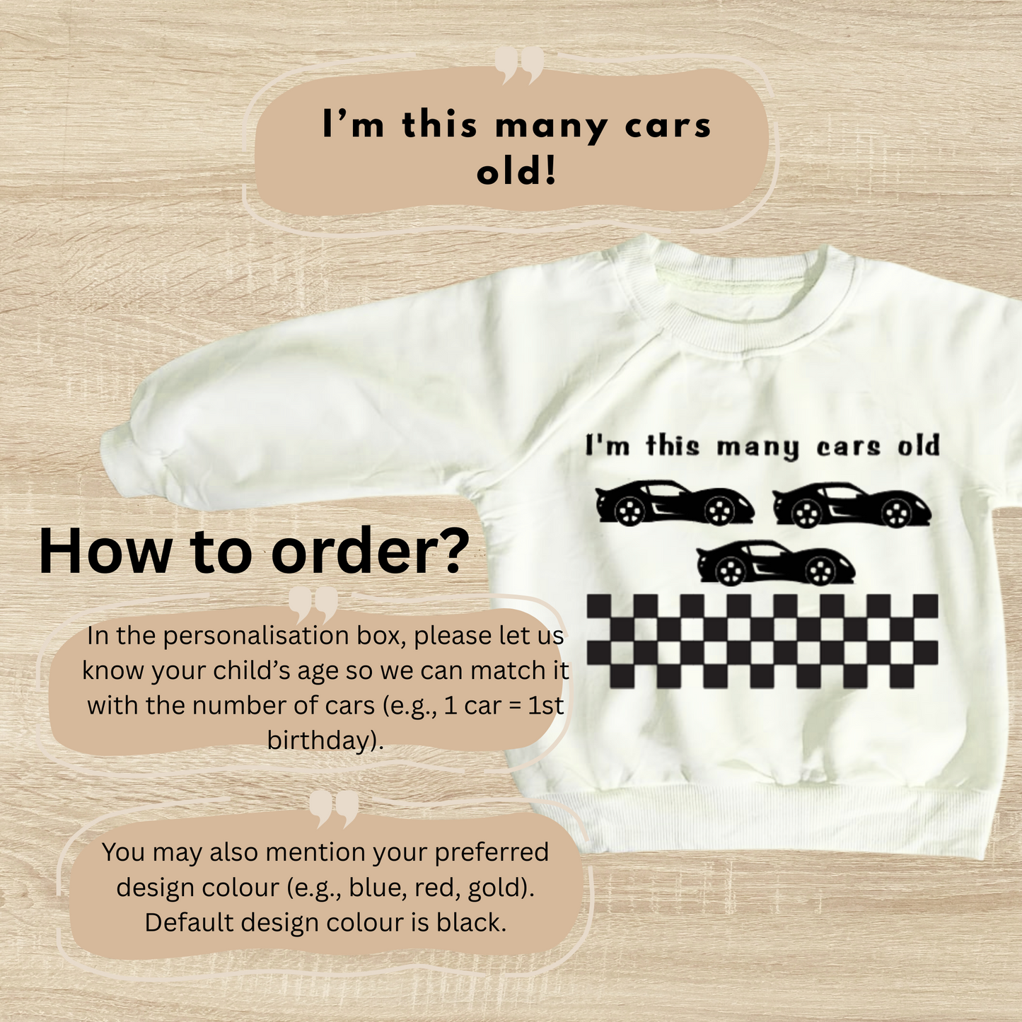 White sweatshirt with car design and text on a wooden surface