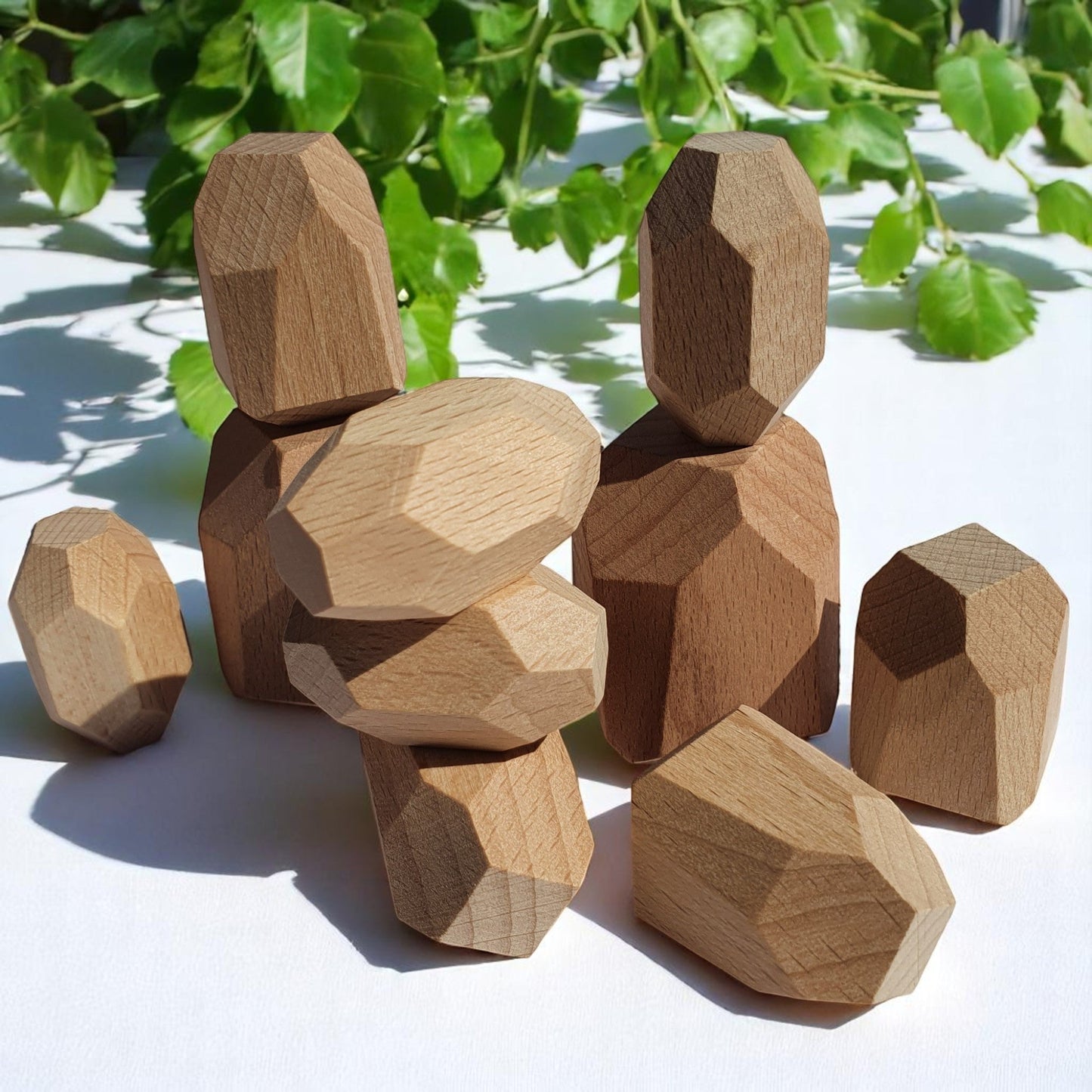 Natural wooden balancing rocks showing unique shapes and textures