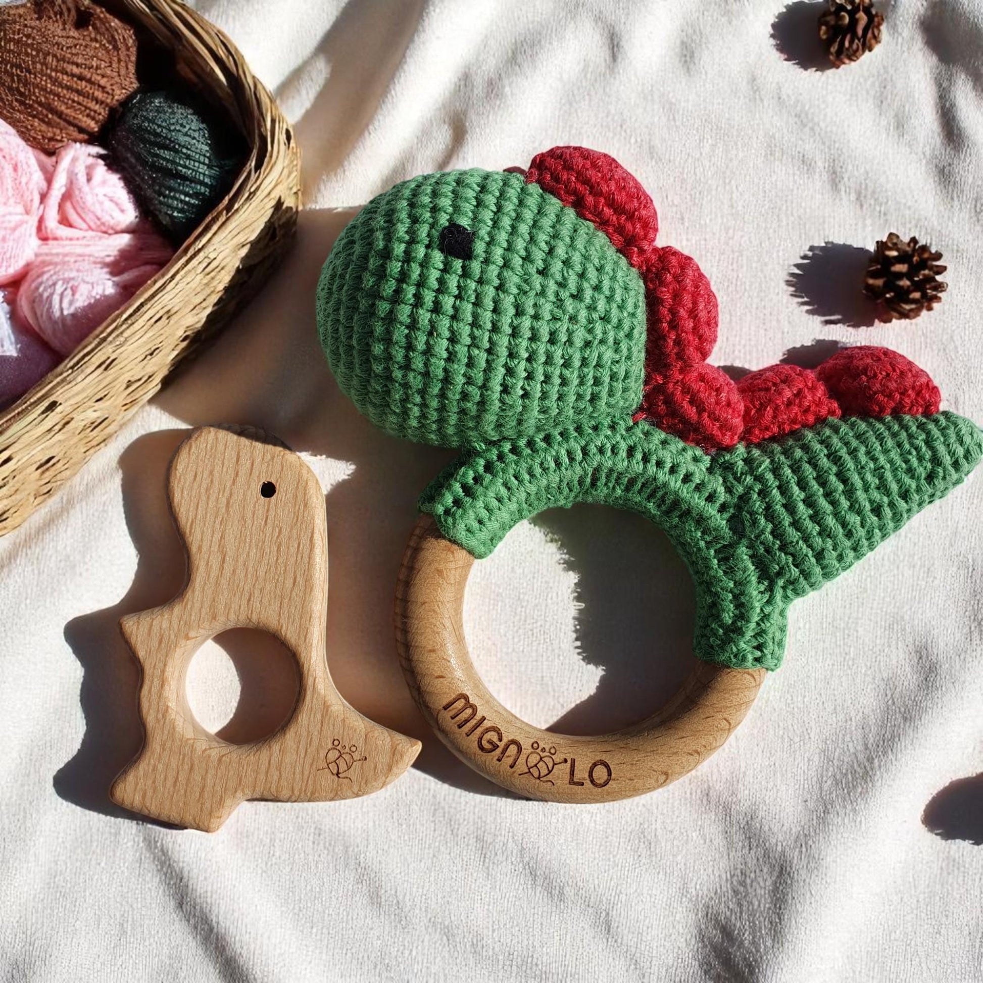 Handmade crochet dinosaur rattle with wooden teether for babies