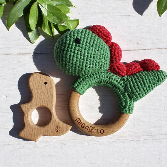 Crochet dinosaur rattle perfect for baby's sensory development