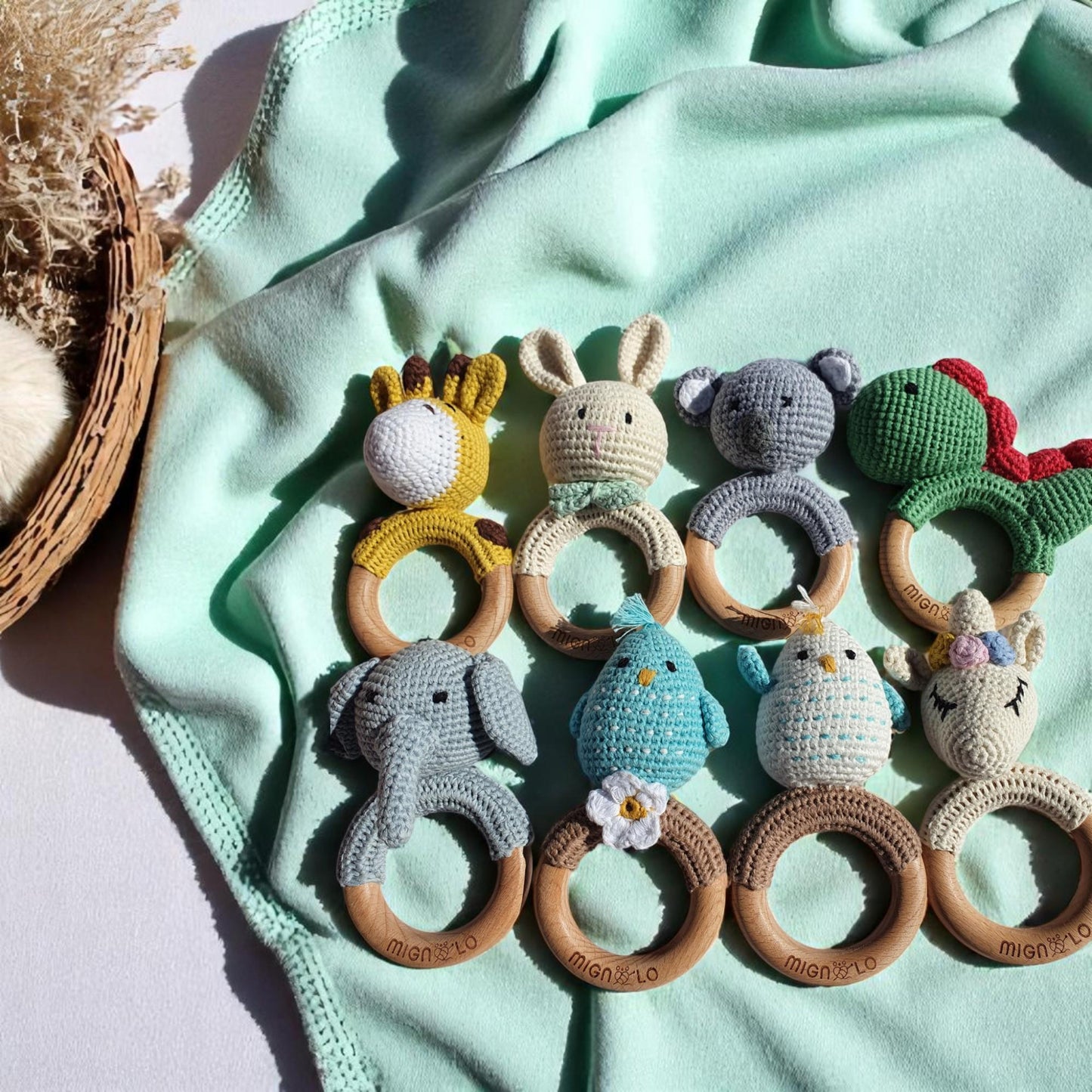 Handmade crochet animal rattles – soft and baby-safe gift ideas featuring bunnies, dinosaurs, elephants, giraffes, baby chicks, and more. Ideal for newborn gifts, baby showers, infant presents, and first birthday keepsakes. Beautifully packaged and ready to gift.