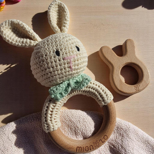 Handmade crochet bunny rattle perfect for baby showers and newborn gifts