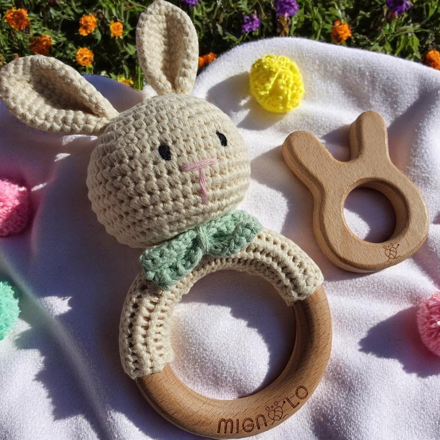 Handmade crochet bunny rattle set – perfect baby gift idea for newborns, baby showers, infant presents, and first birthdays. Soft, baby-safe, and beautifully packaged for gifting