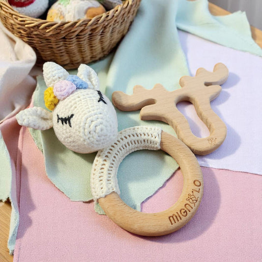 Handmade crochet unicorn rattle with wooden teether - baby gift