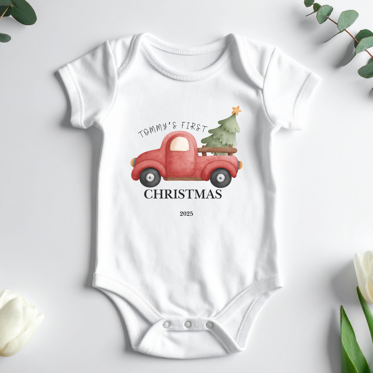 My First Christmas Ute and Christmas Tree - Personalised Name Baby Outfit