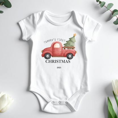My First Christmas Ute and Christmas Tree - Personalised Name Baby Outfit