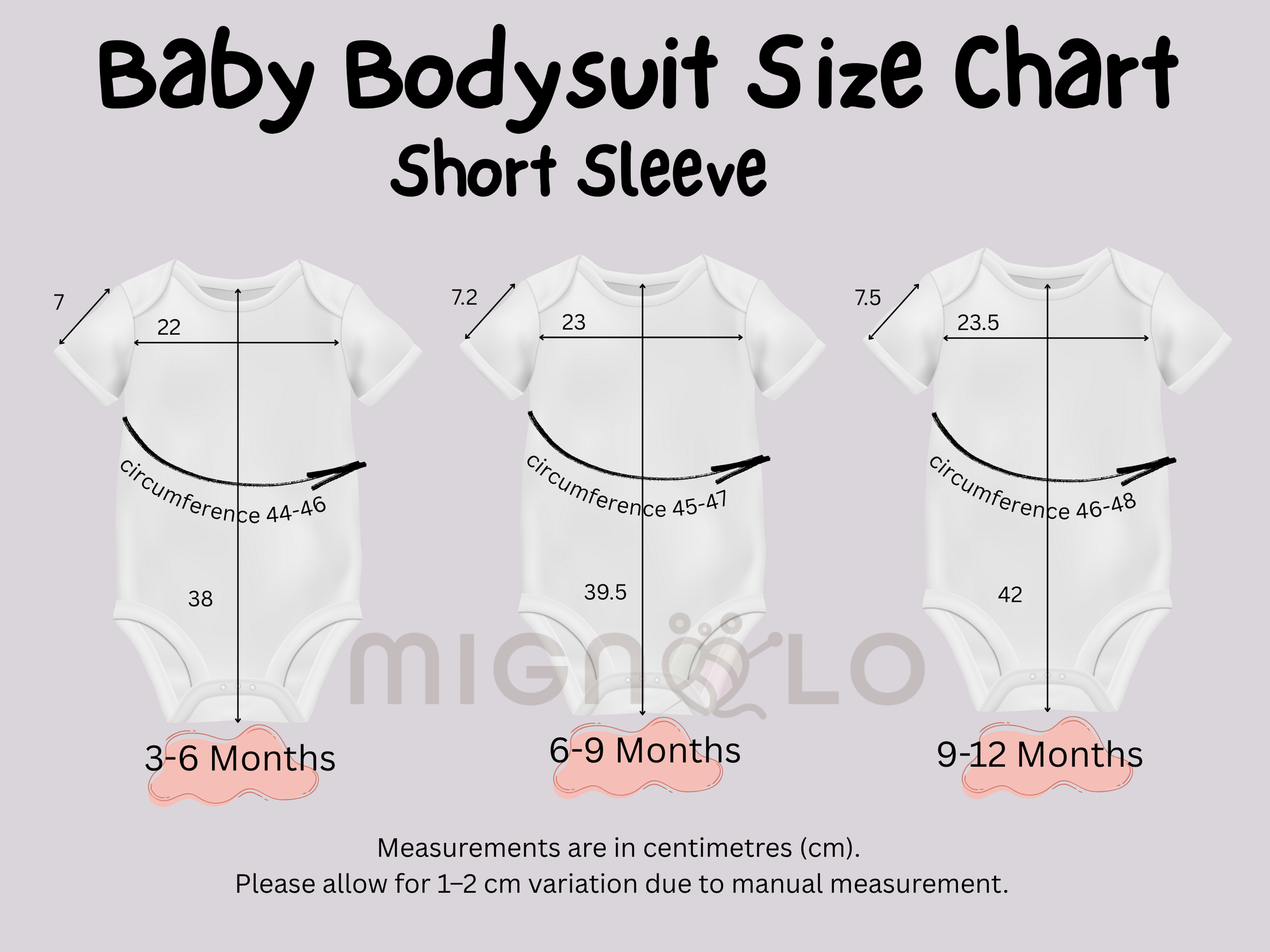 Baby bodysuit size chart with measurements for 3-6 months, 6-9 months, and 9-12 months on a light gray background.