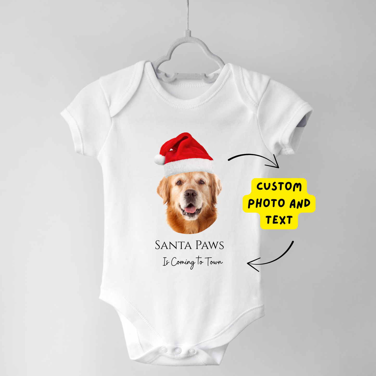 Pet Photo with Santa Hat for Christmas - Personalised Name/Text Baby Outfit