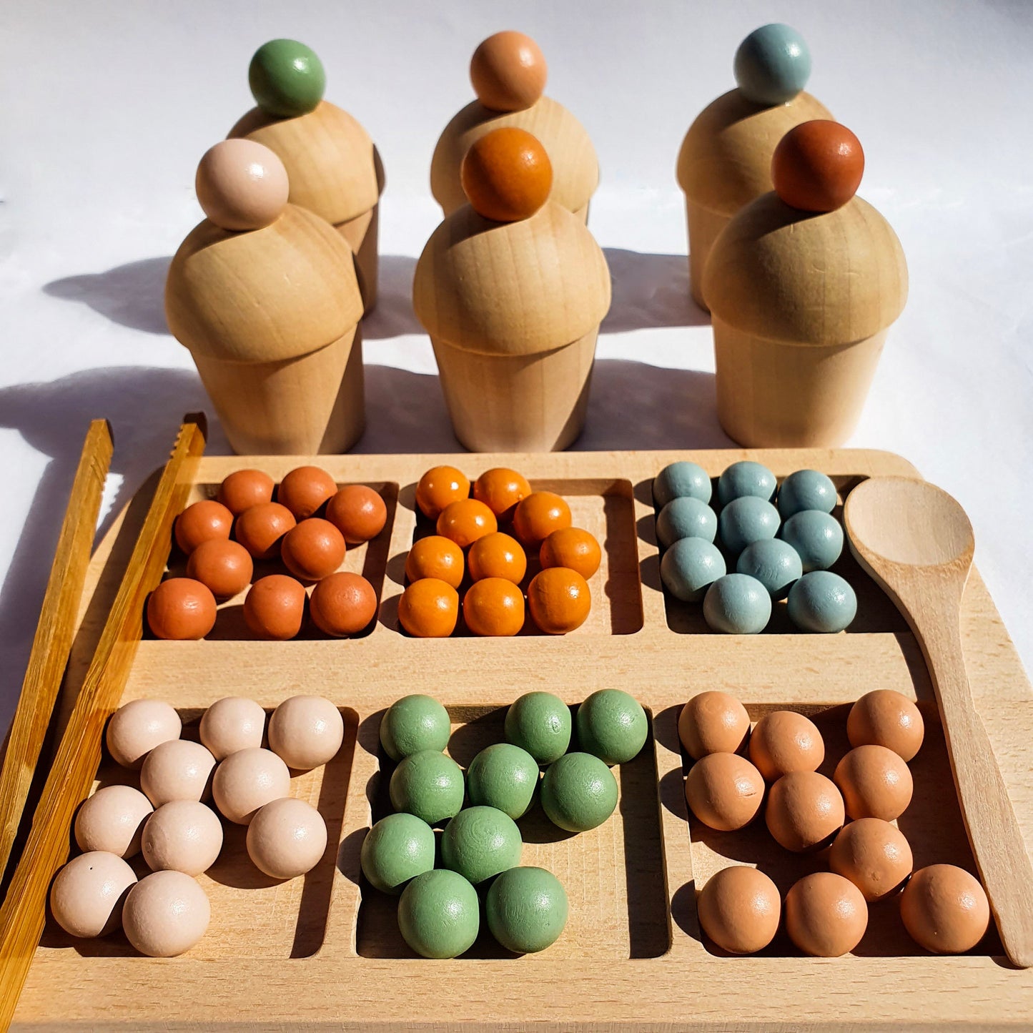 Wooden marble color sorting toy with colorful marbles and sorting cups