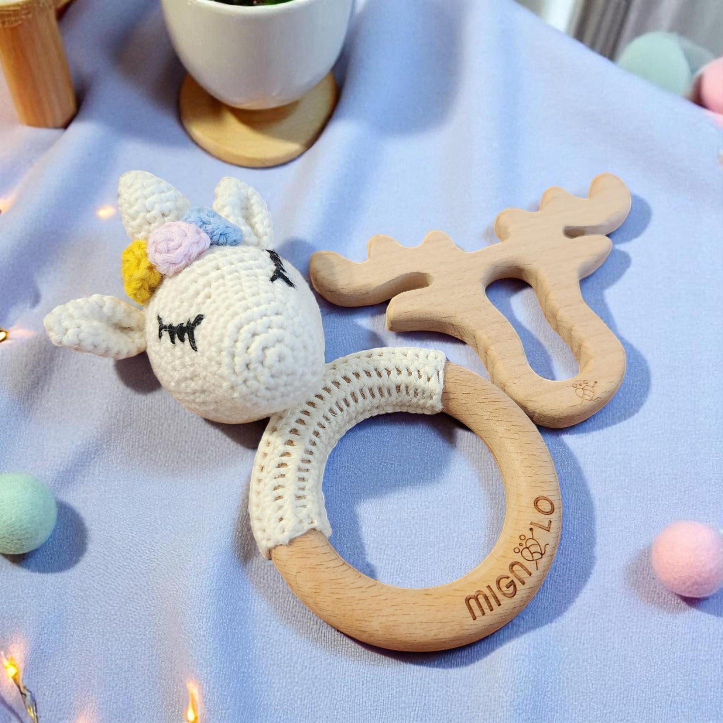 Unicorn crochet rattle perfect for baby's sensory development