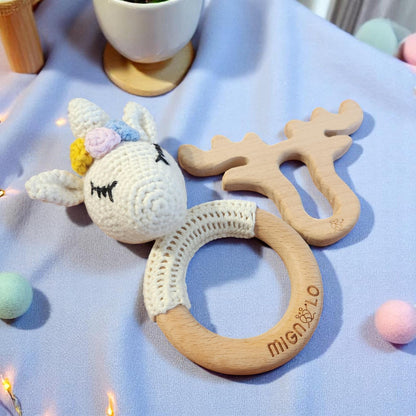 Unicorn crochet rattle perfect for baby's sensory development