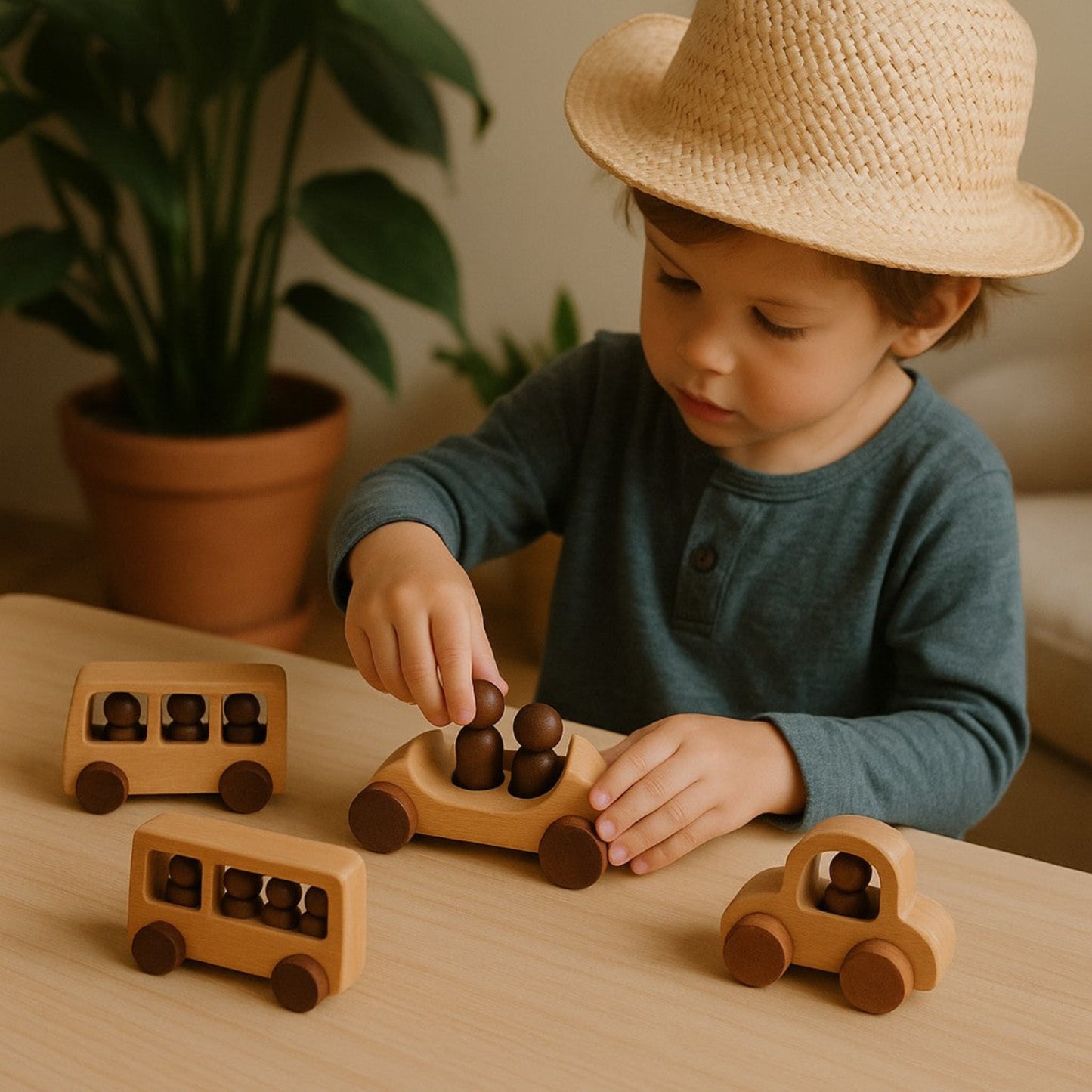 Toddler playing with natural wooden toy cars and peg people – Montessori gift idea for 2 to 5 year olds, encourages imagination, counting, and fine motor skills development
