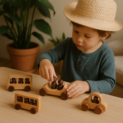 Toddler playing with natural wooden toy cars and peg people – Montessori gift idea for 2 to 5 year olds, encourages imagination, counting, and fine motor skills development
