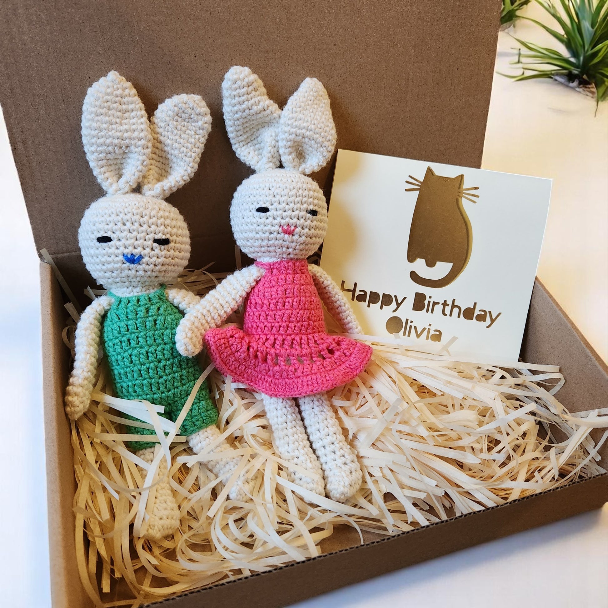 Crochet bunny amigurumi nursery decoration with personalisation card