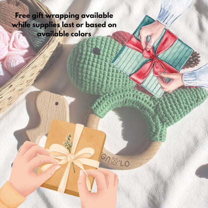 Handmade Crochet Dinosaur Rattle - Baby Wooden Teether Gift Set