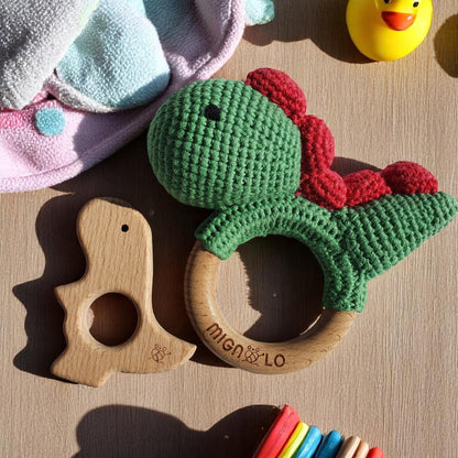 Handmade Crochet Dinosaur Rattle - Baby Wooden Teether Gift Set